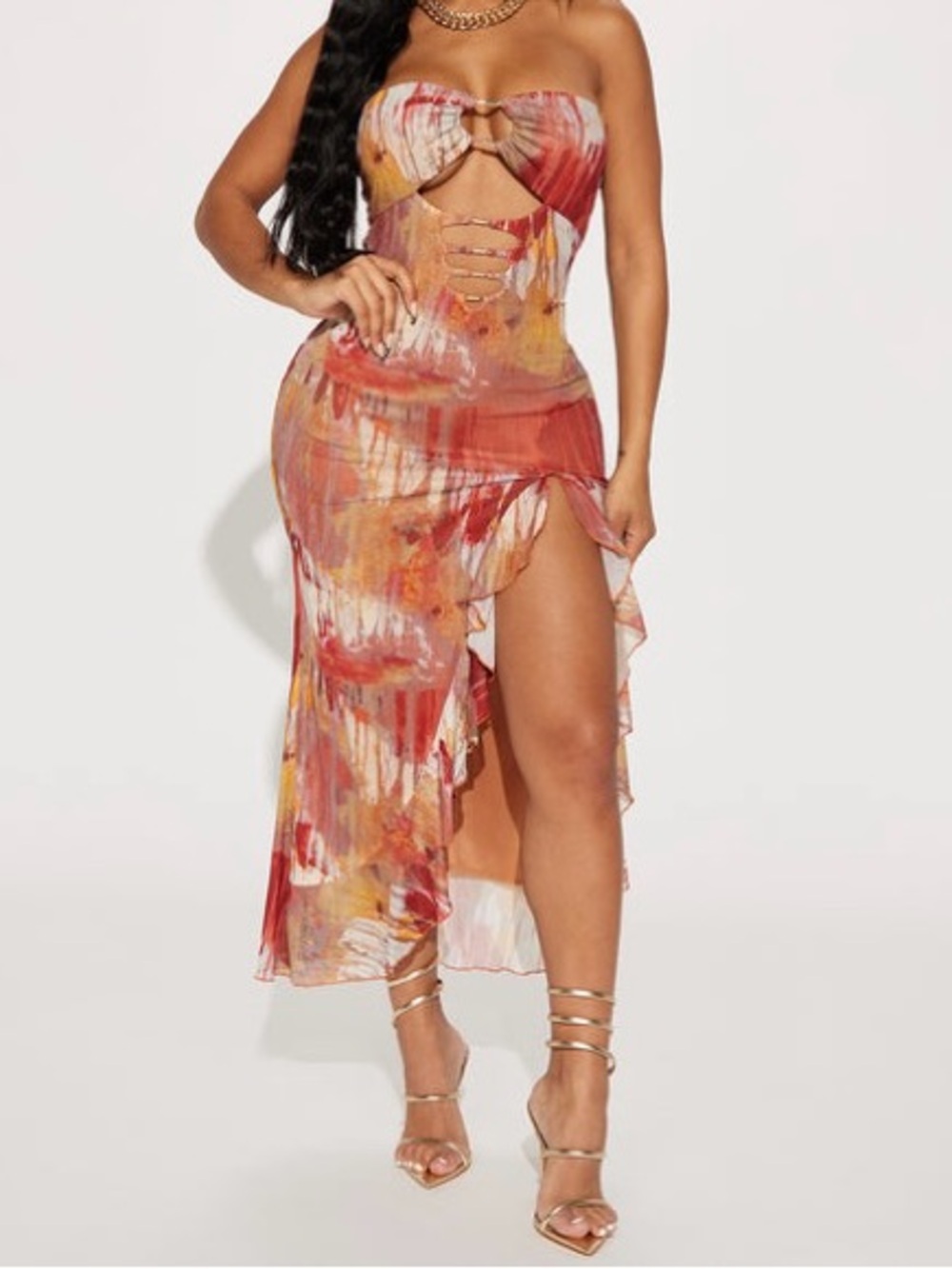 Fashion Nova Rust Multi-Color Strapless Maxi Dress